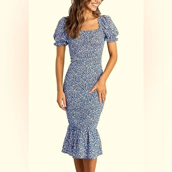 Floral Blue Puff Sleeve Dress - Picture 2 of 2